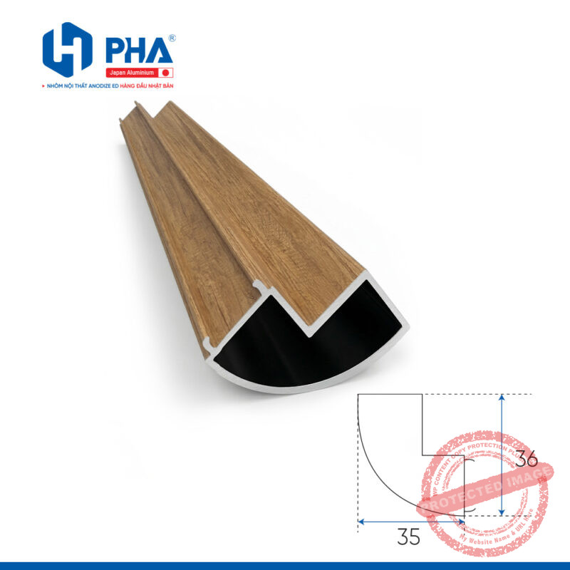 Thanh nhôm nội thất chuyển góc 90 độ - màu vân gỗ sồi - PHA-NTLB53